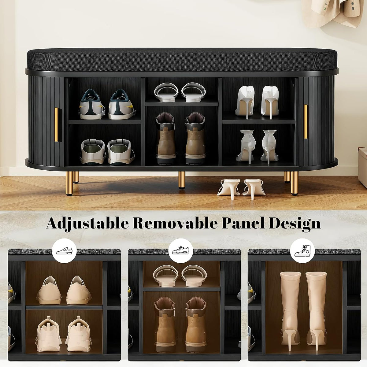 DHH 2-Tier Storage Bench, 43.3" Wide Shoe Bench with Thickened Padded Seat Cushion, Mid Century Modern Fluted Sliding Door and Adjustable Shelf, for Entryway, Living Room, Bedroom(Black)