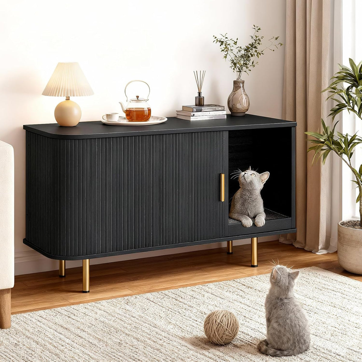 Litter Box Enclosure with Cat Scratch Pad, Sliding Door, 38.5" Litter Box Enclosure Furniture Hidden Litter Box, Modern Indoor Cat House, TV Stand, Side End Table for Living Room, Walnut