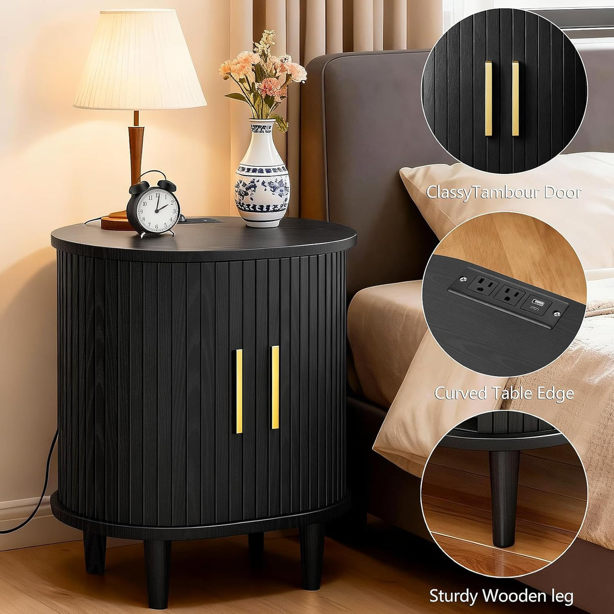 DHH Mid Century Modern Nightstand Set of 2 with Charging Station, Fluted Accent Side Table with Sliding Door & Adjustable Shelf, End Table for Small Space, Living Room, Bedroom,Sofa Couch, Black