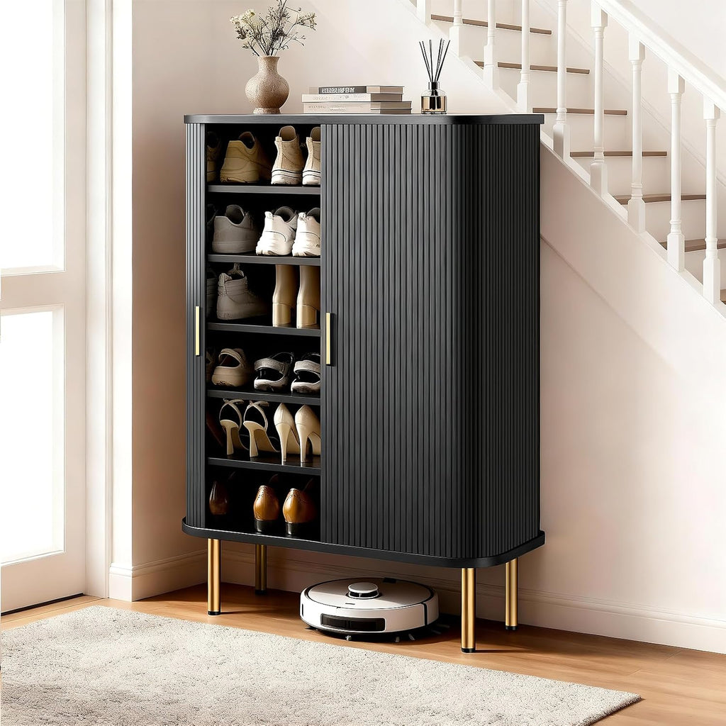DHH Shoe Storage Cabinet with Sliding Door, 6-Tier Shoe Cabinet with Adjustable Shelves, Mid-Century Modern Freestanding Shoe Storage Organizer for Entryway, Hallway, Living Room (Wood, 47 ")