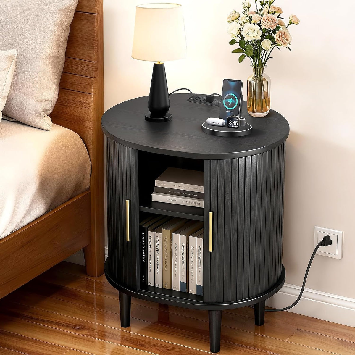DHH Mid Century Modern Nightstand Set of 2 with Charging Station, Fluted Accent Side Table with Sliding Door & Adjustable Shelf, End Table for Small Space, Living Room, Bedroom,Sofa Couch, Black