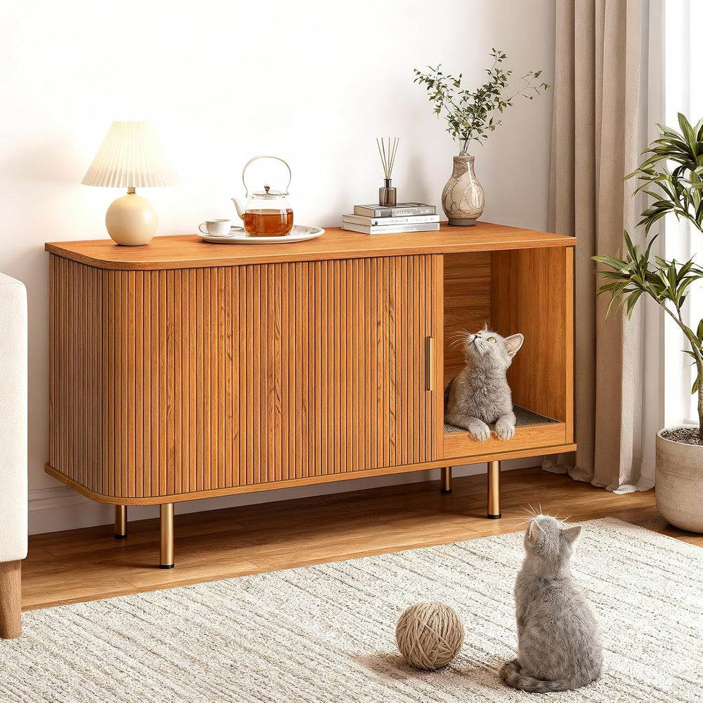 Litter Box Enclosure with Cat Scratch Pad, Sliding Door, 38.5" Litter Box Enclosure Furniture Hidden Litter Box, Modern Indoor Cat House, TV Stand, Side End Table for Living Room, Walnut