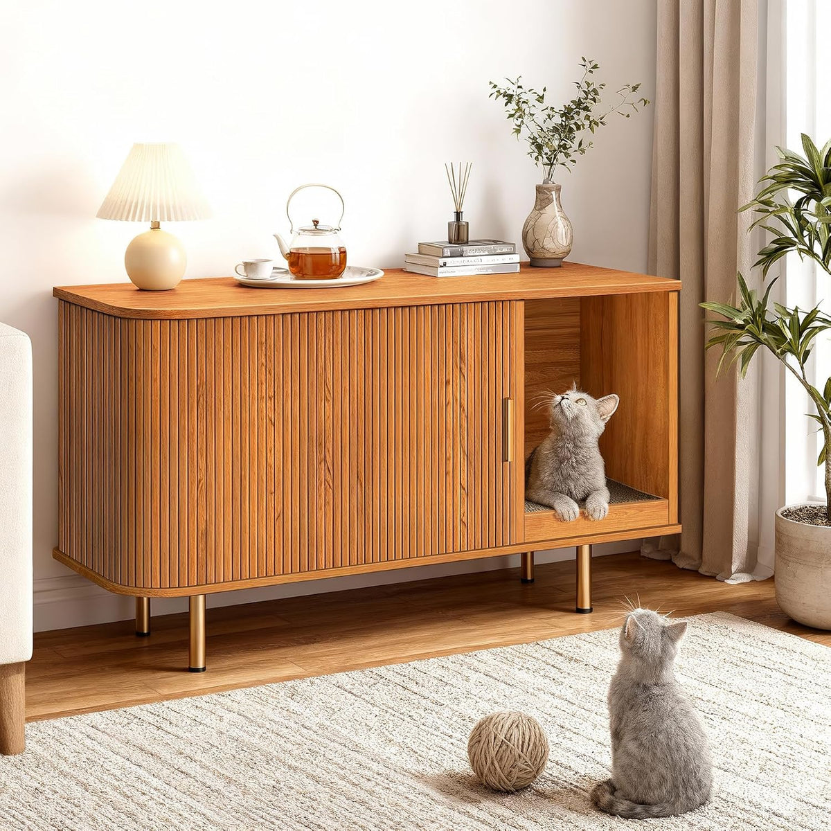 Litter Box Enclosure with Cat Scratch Pad, Sliding Door, 38.5" Litter Box Enclosure Furniture Hidden Litter Box, Modern Indoor Cat House, TV Stand, Side End Table for Living Room, Walnut