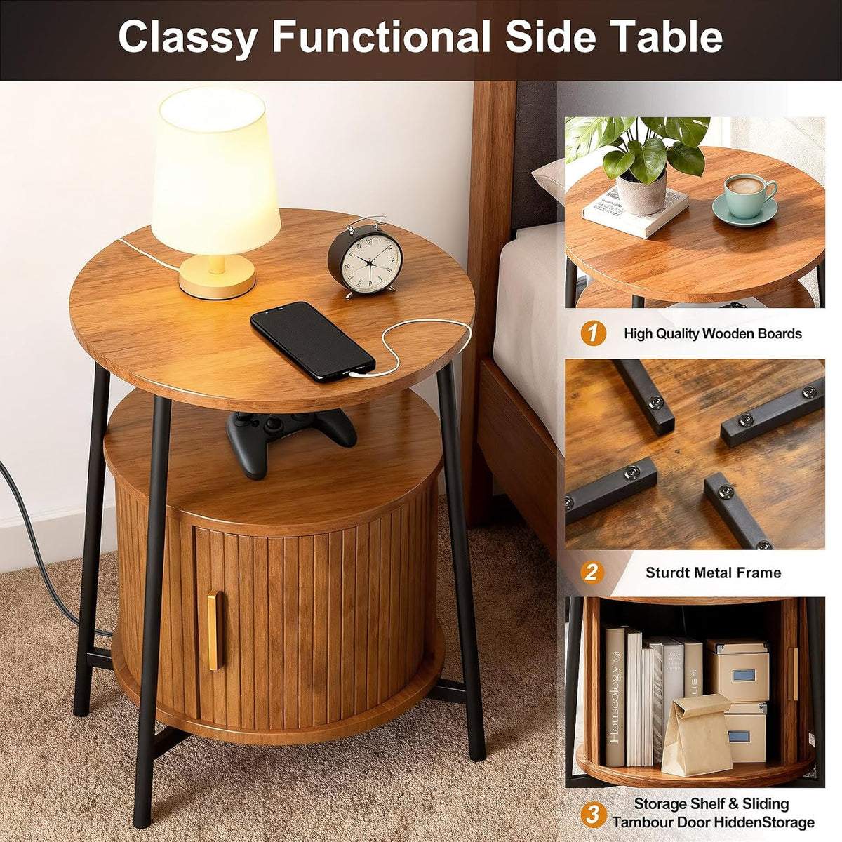 End Tables Side Table with Storage, Fluted Nightstand with Charging Station, Small Mid-Century Modern Bedside Tables, Side Table for Small Space Living Room Bedroom Sofa Couch