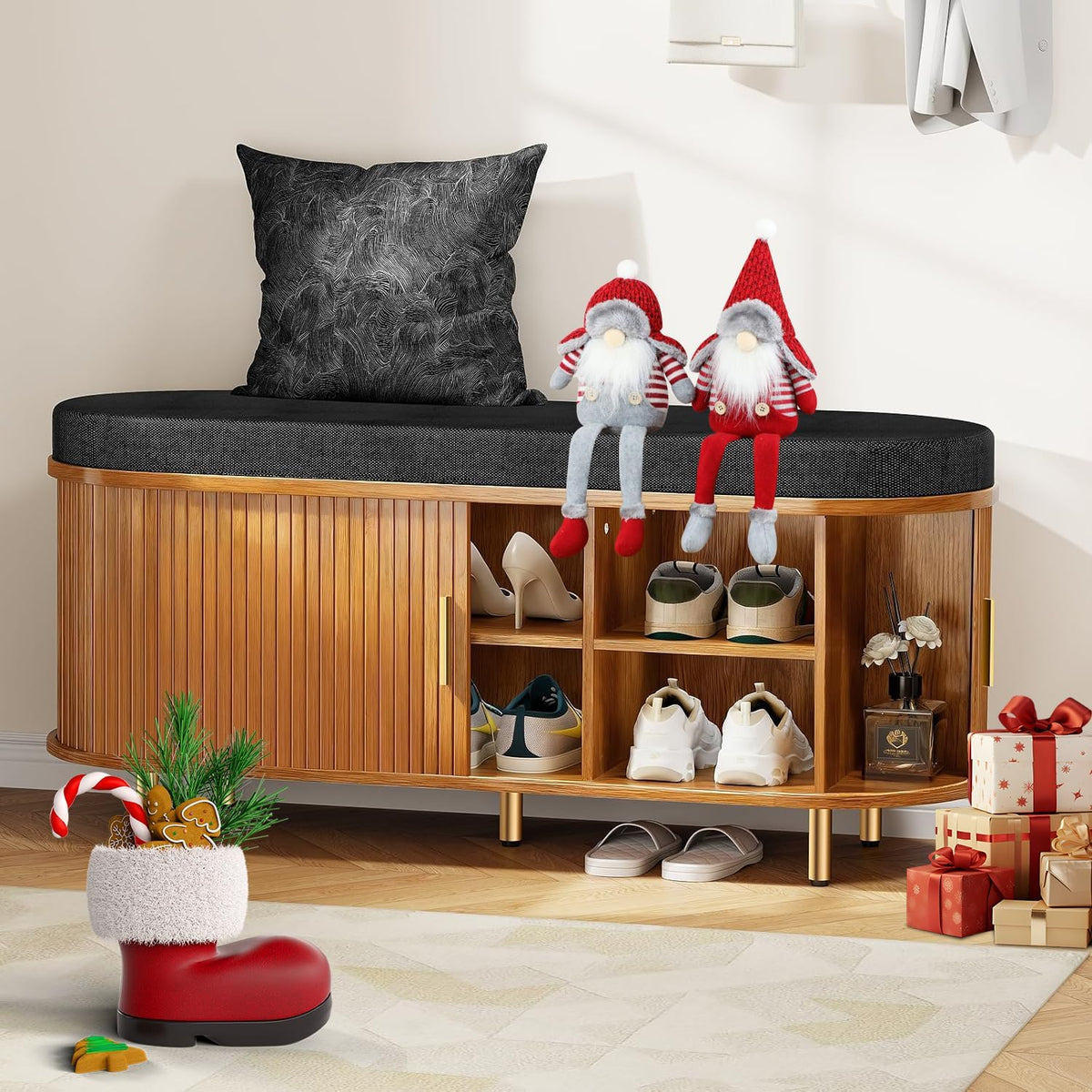 43.3" Shoe Bench with Cushion,Fluted Shoe Storage Sliding Door and Adjustable Shelf,2-Tier Shoe Rack Cabinet for Entryway, Bedroom, Living Room