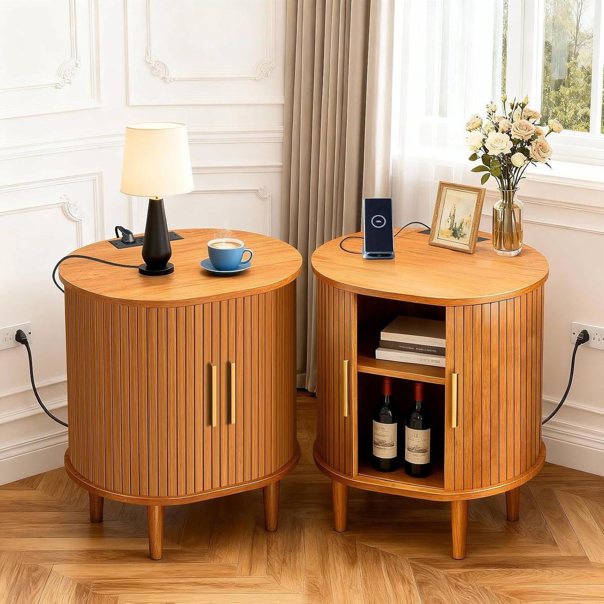 DHH Mid Century Modern Nightstand Set of 2 with Charging Station, Fluted Accent Side Table with Sliding Door & Adjustable Shelf, End Table for Small Space, Living Room, Bedroom,Sofa Couch, Black