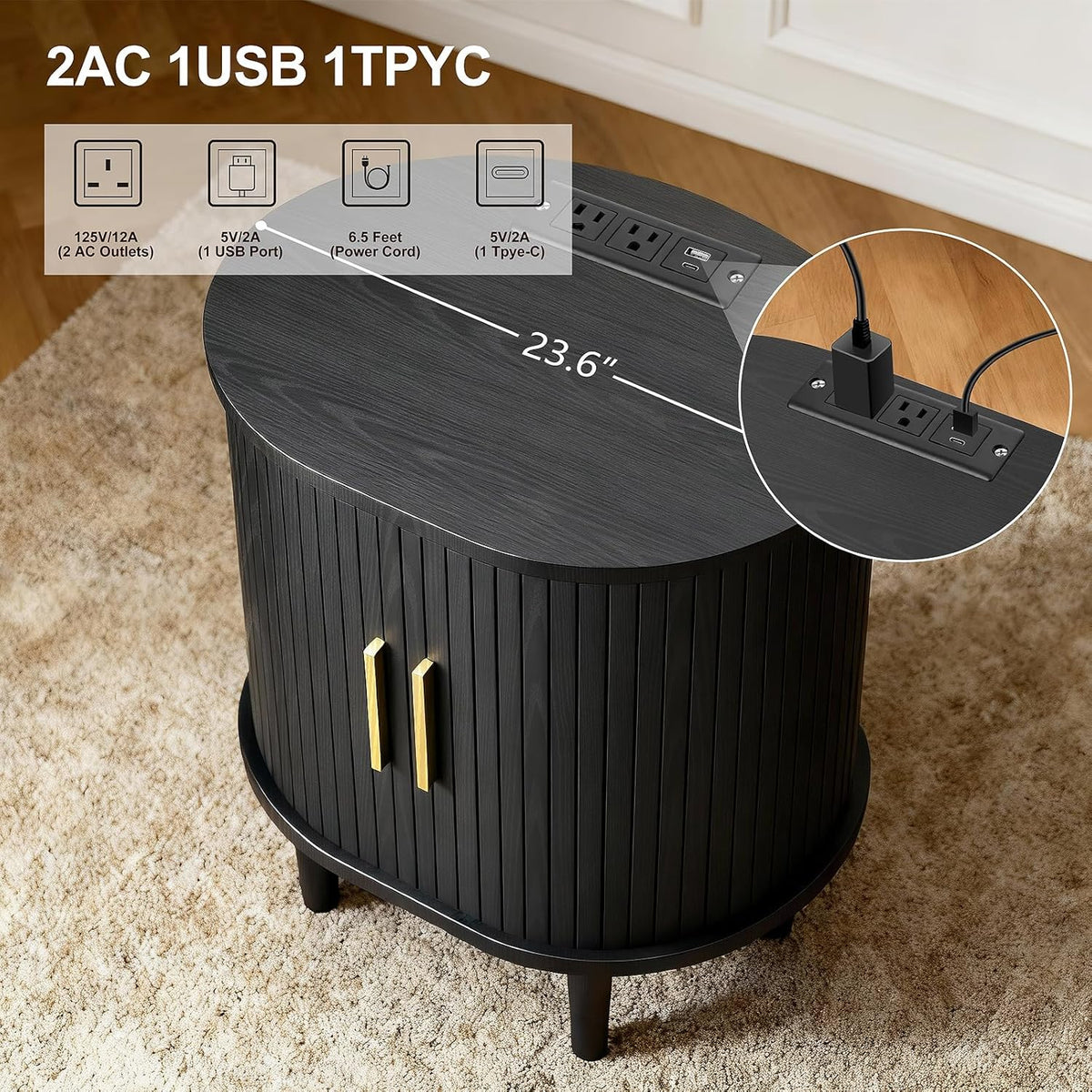 DHH Mid Century Modern Nightstand Set of 2 with Charging Station, Fluted Accent Side Table with Sliding Door & Adjustable Shelf, End Table for Small Space, Living Room, Bedroom,Sofa Couch, Black