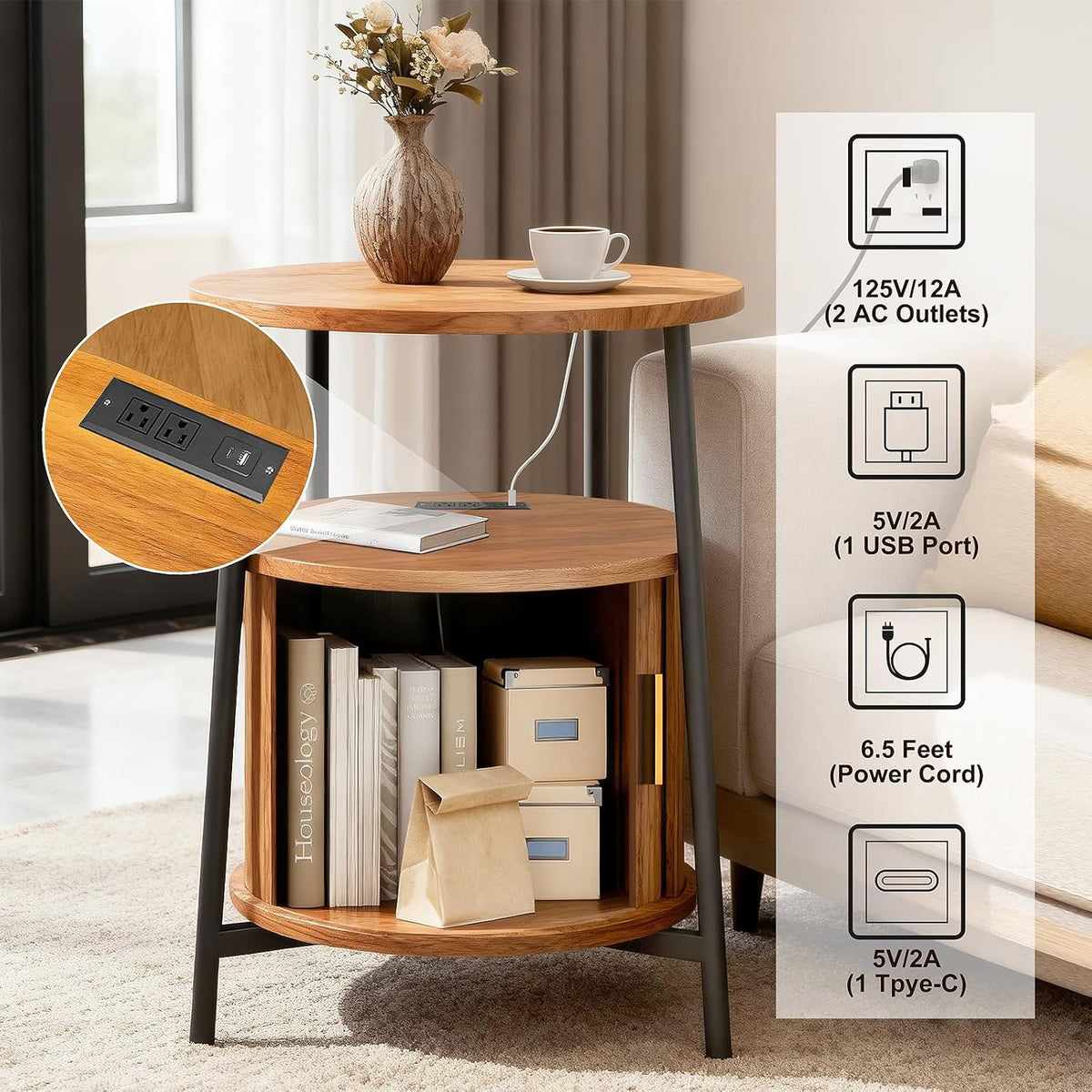 End Tables Side Table with Storage, Fluted Nightstand with Charging Station, Small Mid-Century Modern Bedside Tables, Side Table for Small Space Living Room Bedroom Sofa Couch
