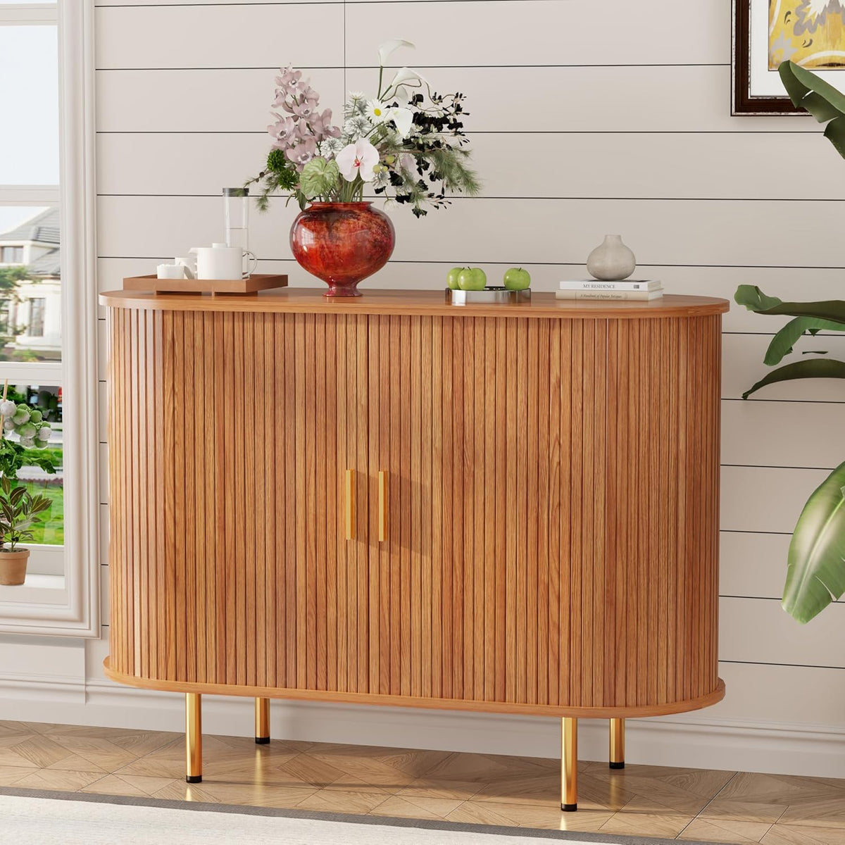 DHH Sideboard Buffet Cabinet with Storage,Mid Century Modern Fluted Accent Coffee Bar Console Table,Tambour Sliding Doors& Adjustable Shelf for Kitchen, Living Room, Entryway(Yellow Walnut 55 Inch)