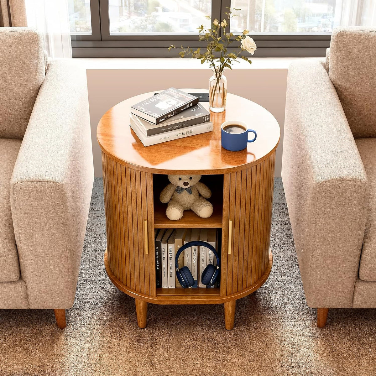 Nightstand with Charging Station, Fluted Accent Side Table with Sliding Door & Adjustable Shelf, Mid-Century Modern End Table for Small Space, Living Room, Bedroom