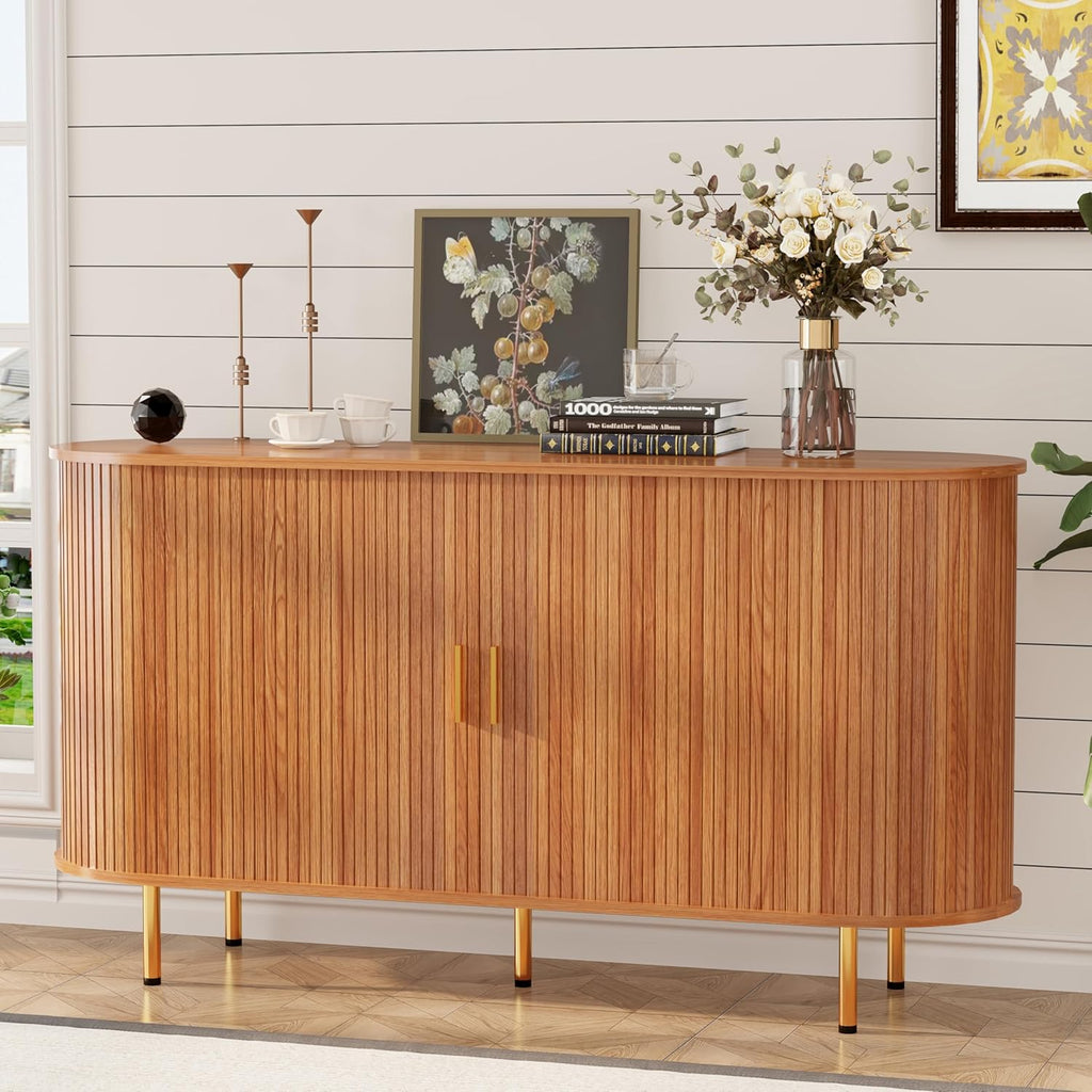 DHH Sideboard Buffet Cabinet with Storage,Mid Century Modern Fluted Accent Coffee Bar Console Table,Tambour Sliding Doors& Adjustable Shelf for Kitchen, Living Room, Entryway(Yellow Walnut 55 Inch)