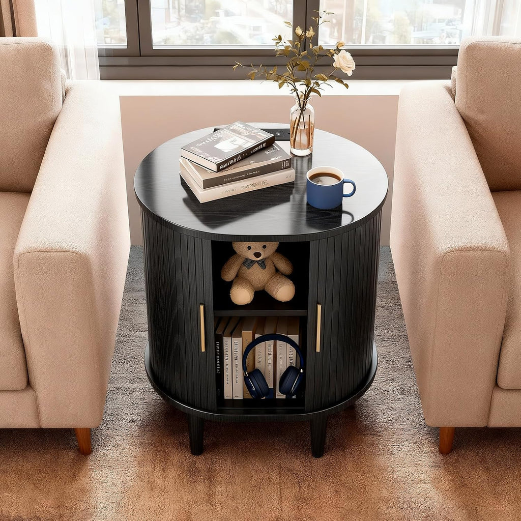 DHH Mid Century Modern Nightstand Set of 2 with Charging Station, Fluted Accent Side Table with Sliding Door & Adjustable Shelf, End Table for Small Space, Living Room, Bedroom,Sofa Couch, Black