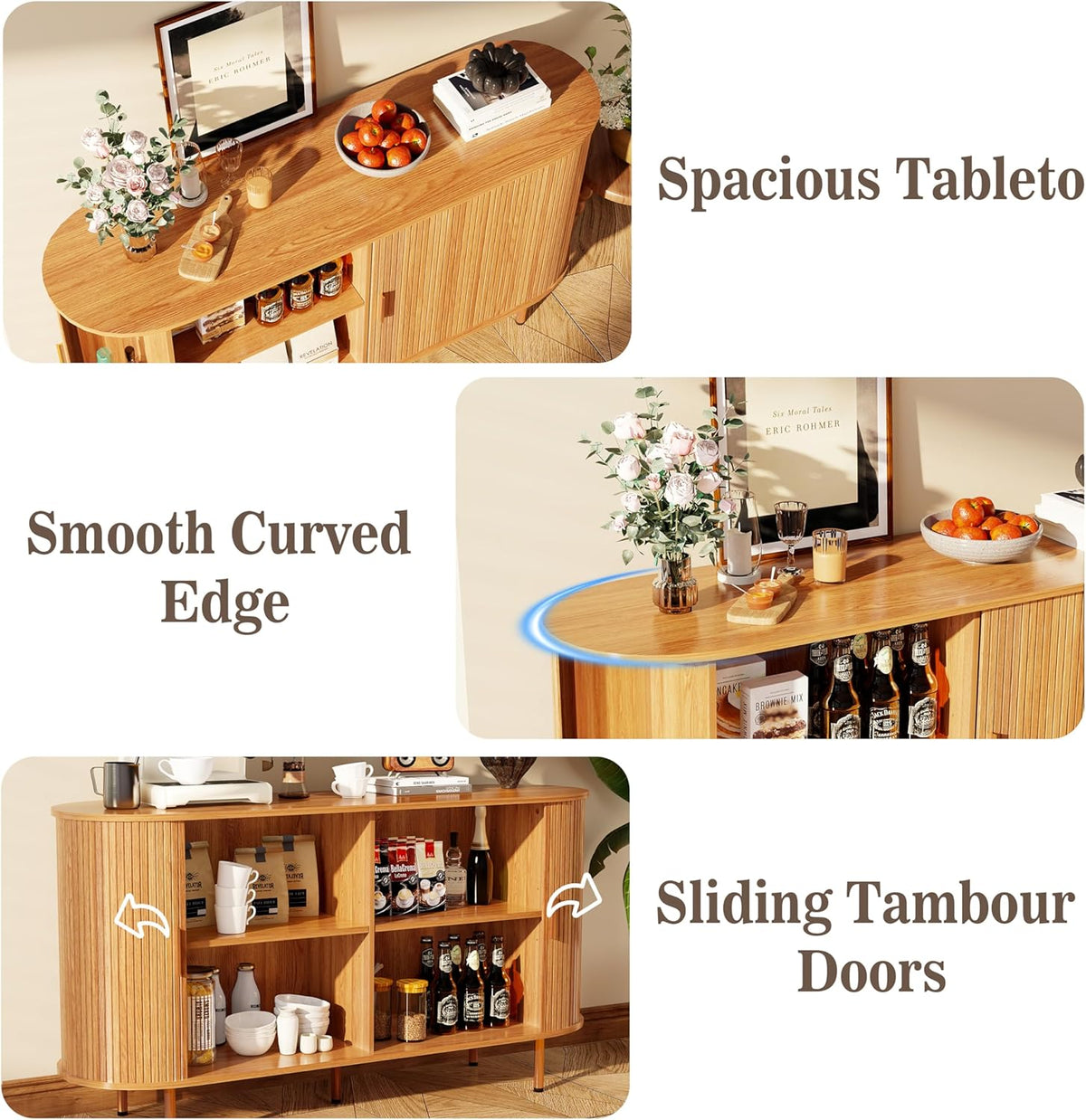 DHH Sideboard Buffet Cabinet with Storage,Mid Century Modern Fluted Accent Coffee Bar Console Table,Tambour Sliding Doors& Adjustable Shelf for Kitchen, Living Room, Entryway(Yellow Walnut 55 Inch)