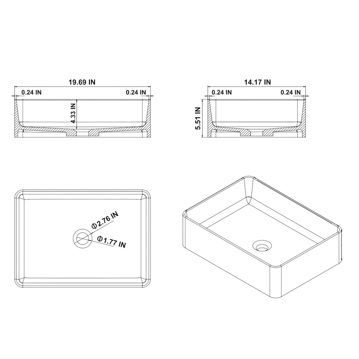 20' x 14' Solid Surface Vessel Bathroom Sink Basin in Matte White