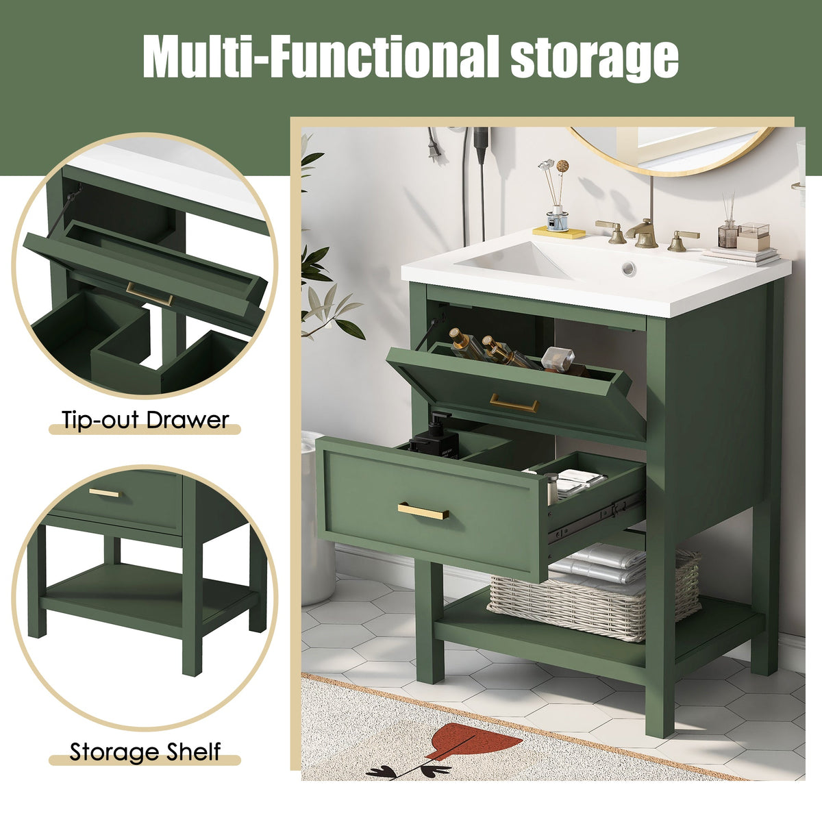24'' Bathroom Vanity with Top Sink, Modern Bathroom Storage Cabinet with 2 Drawers, Single Sink Bathroom Vanity