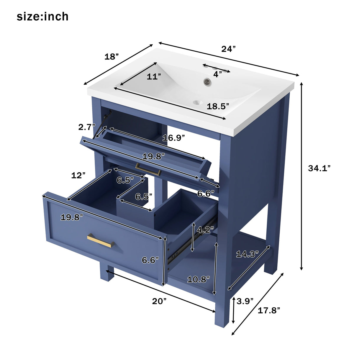 24'' Bathroom Vanity with Top Sink, Modern Bathroom Storage Cabinet with 2 Drawers