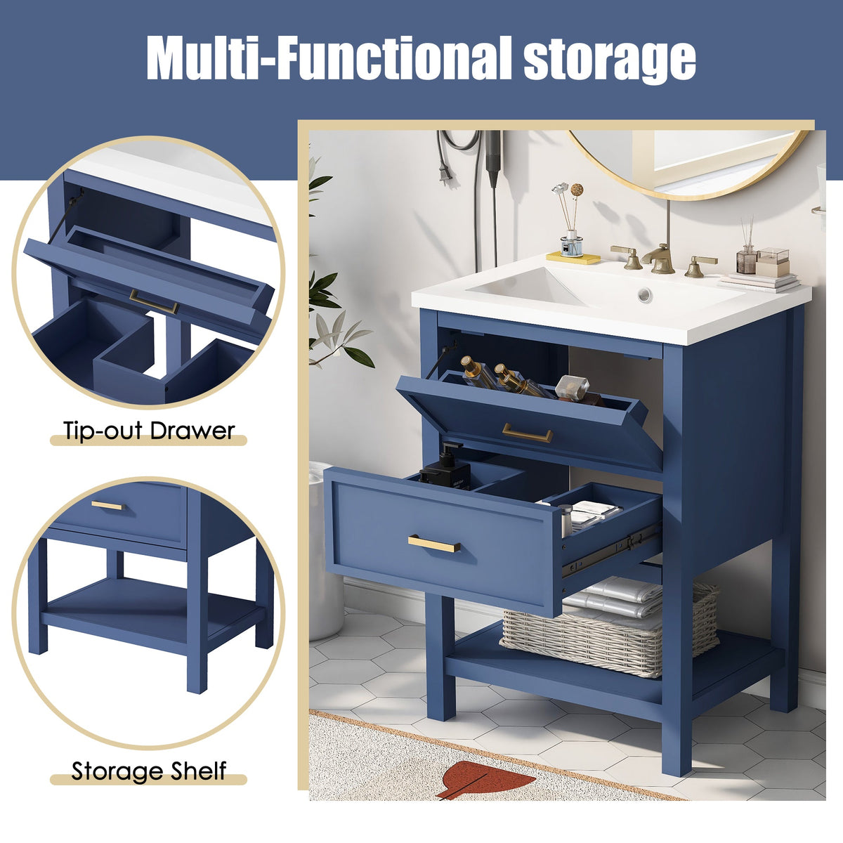 24'' Bathroom Vanity with Top Sink, Modern Bathroom Storage Cabinet with 2 Drawers