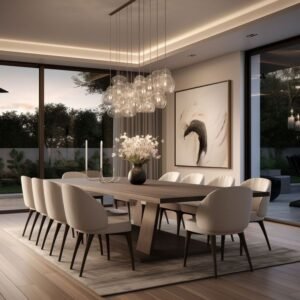 12 Piece Dining Room Table Set, Modern Dining Table Sets with Beige Velvet Upholstered Chairs